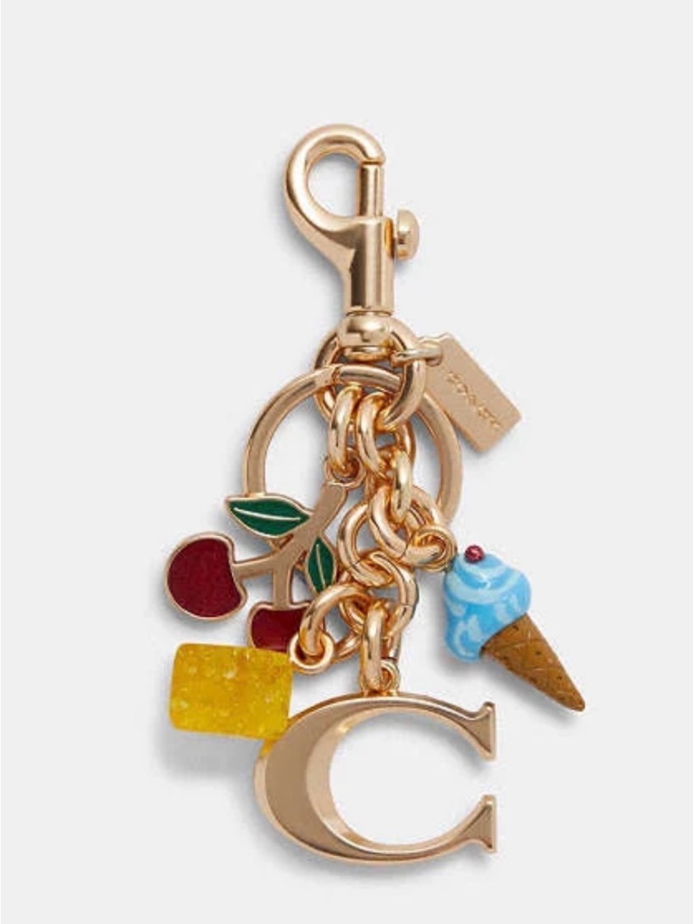 Coach Gold-Tone Charm Key Ring with Red Cherry, Blue Ice Cream & Yellow Accent